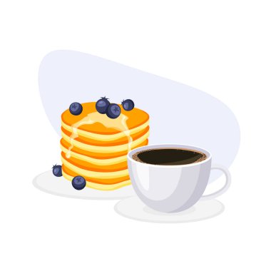 Lezzetli gözleme ve bir fincan kahve. Yaban mersinli ve şuruplu krep. Çizgi film tatlısı son moda düz stil. Vektör çizimi izole edildi.