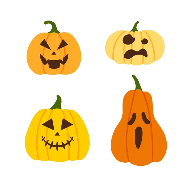 Facce Zucca Halloween Spaventose Divertenti Smorfie Zucche Disegnate Mano Illustrazione — Vettoriale Stock