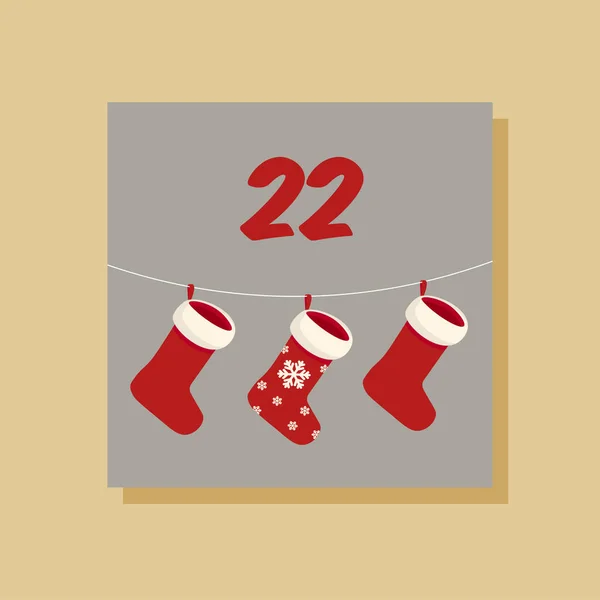 ベクトルクリスマスの到来カレンダー 12月22日の冬休みポスター サンタのストッキングがロープにかかっている — ストックベクタ