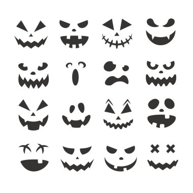 Korkunç ve komik Cadılar Bayramı balkabağı suratları ve somurtmalar. Hayalet silueti. Vektör çizimi izole edildi