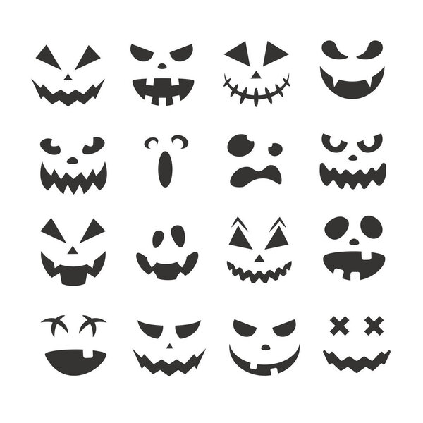 Scary and funny Halloween pumpkin faces and grimaces. Ghost silhouette. Vector illustration isolated