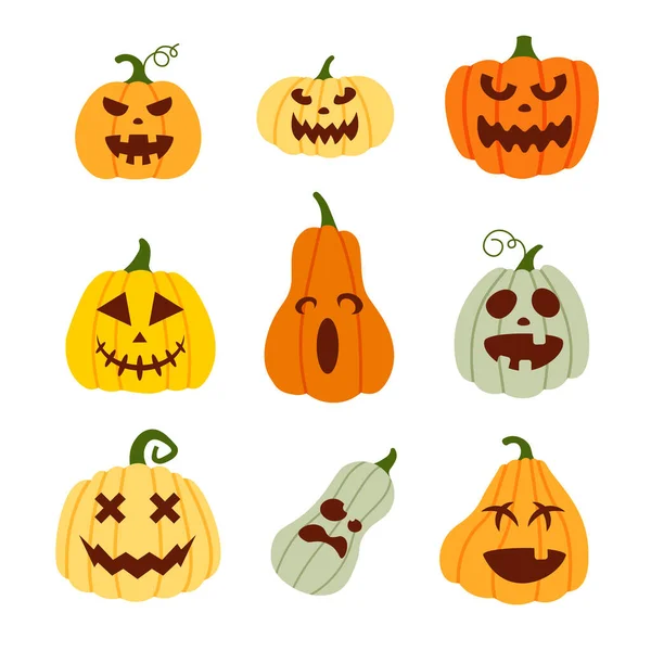 Calabaza Halloween Aterradora Divertida Caras Dibujos Animados Muecas Calabazas Hechas — Vector de stock