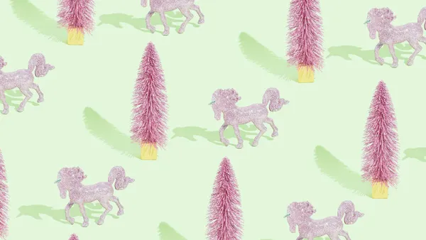 Moderní Luxusní Vzor Pozadí Růžové Vánoční Stromky Jednorožci Pastelově Zeleném — Stock fotografie