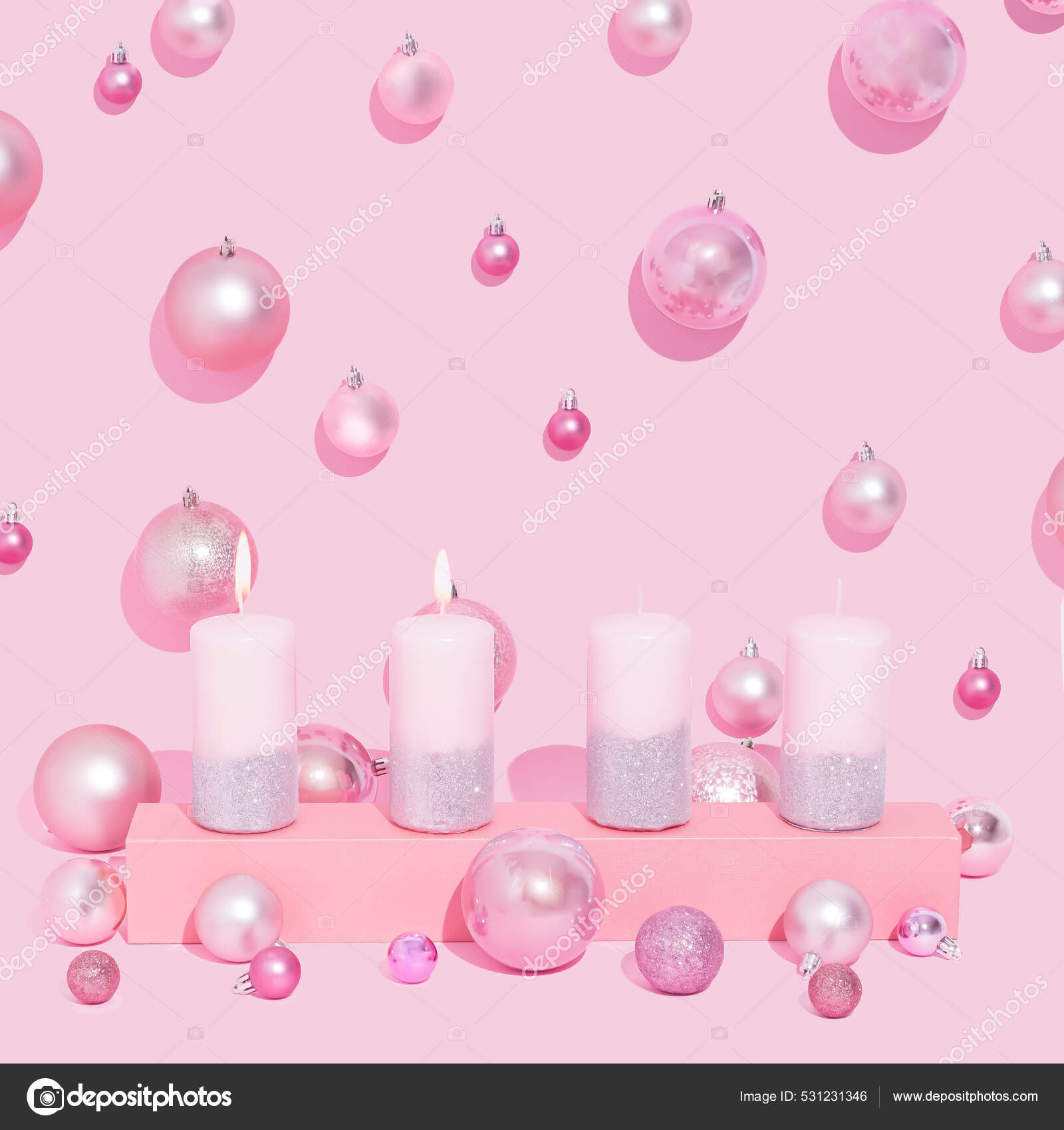 Pink Advent Candles Row Pastel Pink Background Christmas Balls Second