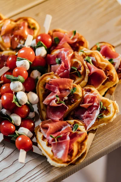 Savory Waffle Cheese Ham Olives Herbs Served Fresh Vegetables Black — Stock Photo, Image