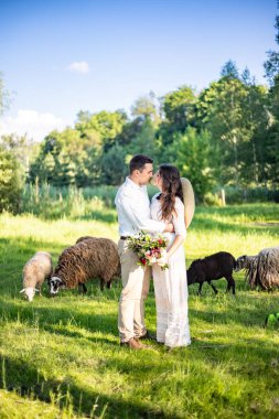 Romantik düğün çifti gün batımında kayalıklarda dikiliyor. Uzun düğümlü güzel elbiseli gelin ve el ele tutuşan şık damat. Yeşil dağlarda gün batımı.