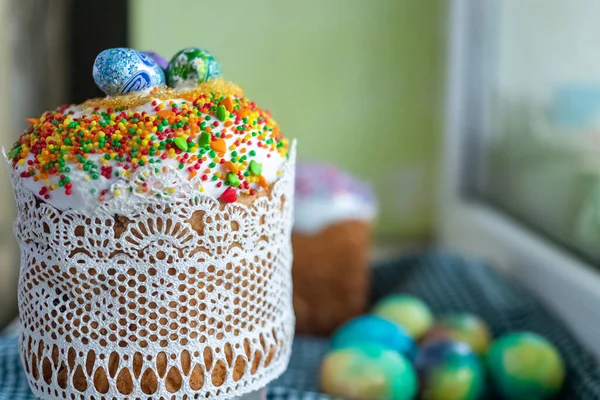 Osterkuchen Mit Glasur Und Dekoration Postkarte Mit Osterbrot Christliche Traditionen — Stockfoto