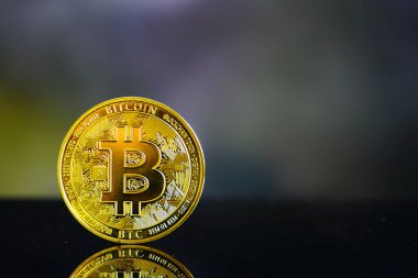 Bulanık bilgisayar ekranlı Bitcoin Kripto para birimi. Arka plan desenli, madeni paranın ve kopyalama alanının yansıması. Altın Bitcoin, gelecek madeni para, dijital para. Engelleme teknolojisi pazarı kavramı