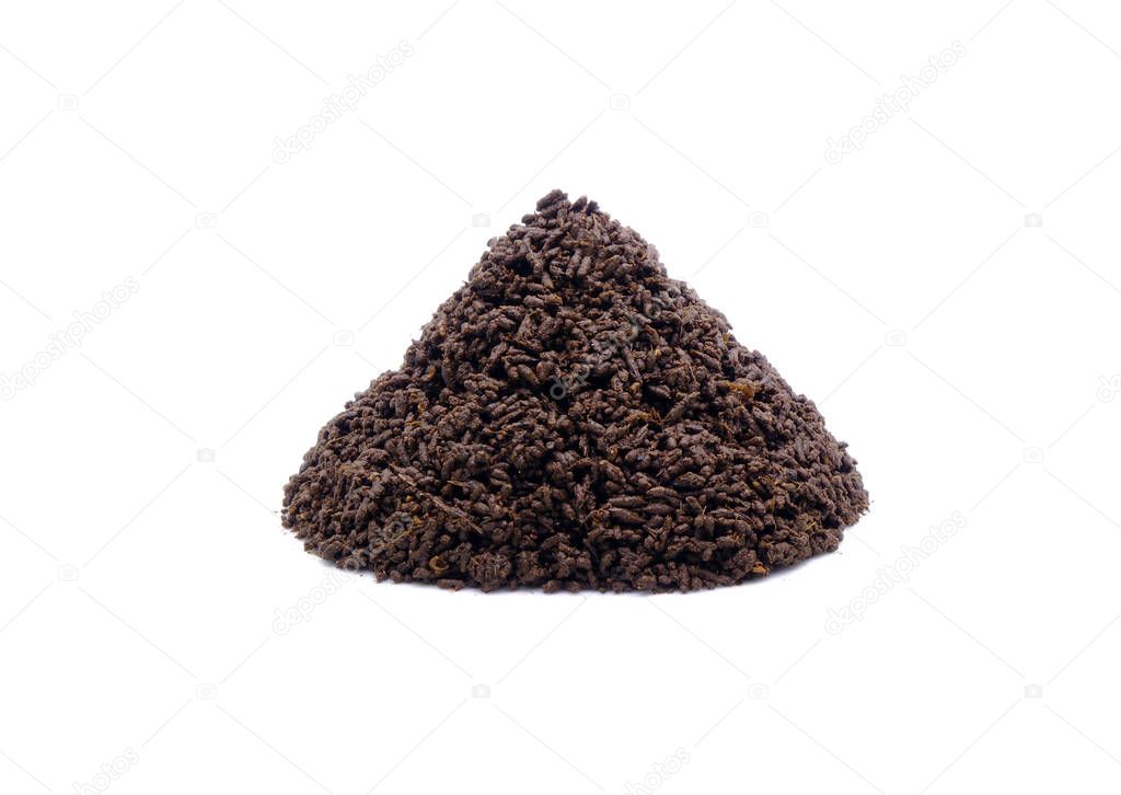 Vermicompost isolated on white background. Vermi-compost is the product of the decomposition process using various species of worms, usually red wigglers, white worms, earthworms. Organic fertilizer