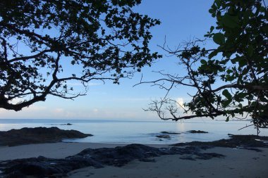 Yaz tatili ve tatiller için huzurlu bir deniz manzarası. Arka plan ve pankart için sabah denizi. Bang Sak Sahili, Khao Gölü, Phang Nga Tayland