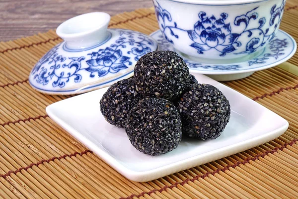 Black Sesame Ball Chinese Super Food Reduce Oxidation Body Improve — Stock Photo, Image