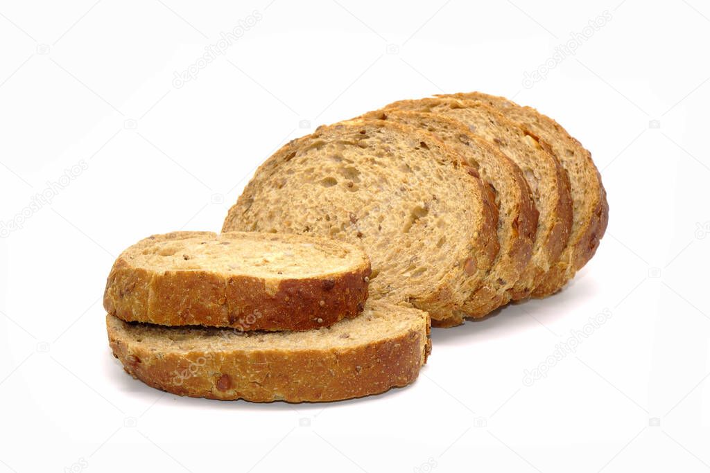 Gluten free bread isolated on white background. Sliced multi grains gluten free bun                               