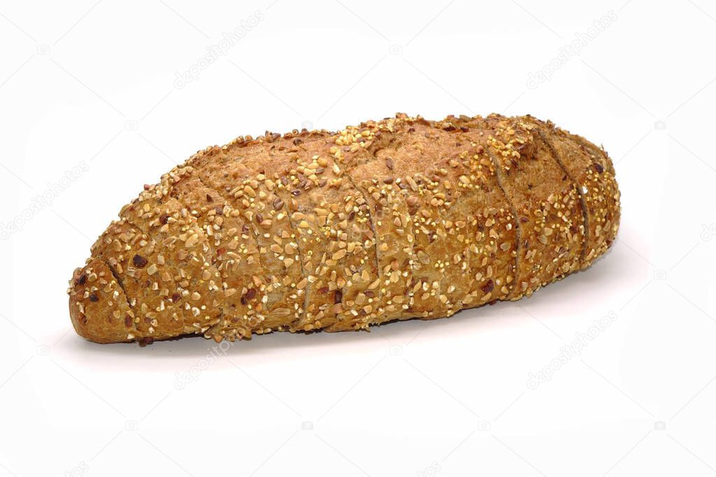 Gluten free bread isolated on white background. Sliced multi grains gluten free bun                              
