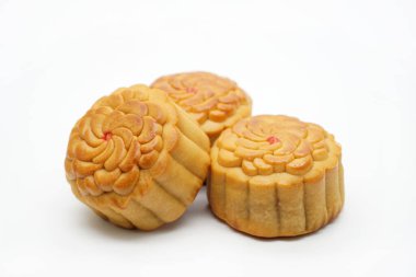Moon cake isolated on white background. Mooncake for Mid Autumn Festival. Traditional Chinese pastry Moon cake for Chinese Moon festival. 