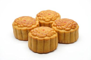 Moon cake isolated on white background. Mooncake for Mid Autumn Festival. Traditional Chinese pastry Moon cake for Chinese Moon festival. 