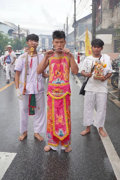 Фукет Таїланд Жовтня 2022 Року Парад Вегетаріанського Фестивалю Показує Девоте — стокове фото