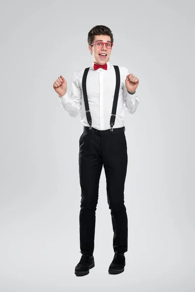Vzrušený gentleman v šprtských šatech — Stock fotografie