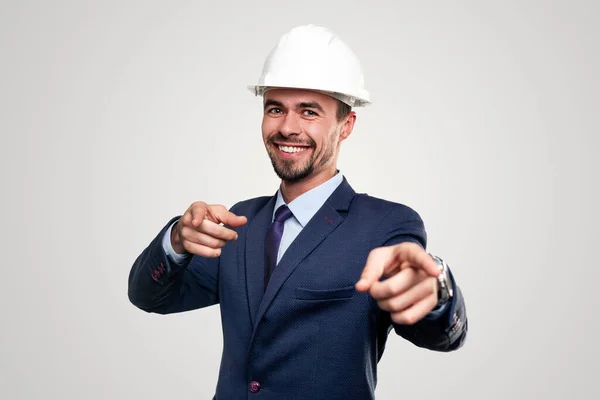 Confident Smiling Adult Bearded Male Construction Manager Formal Suit Hardhat — Stock Photo, Image