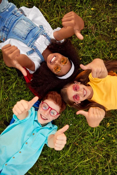 Feliz diversos amigos mostrando pulgares hacia arriba en el parque —  Fotos de Stock