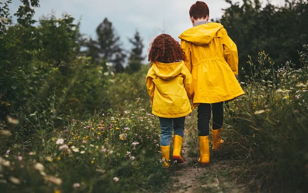 Ingefära syskon i gula regnrockar och löparstövlar i fält — Stockfoto