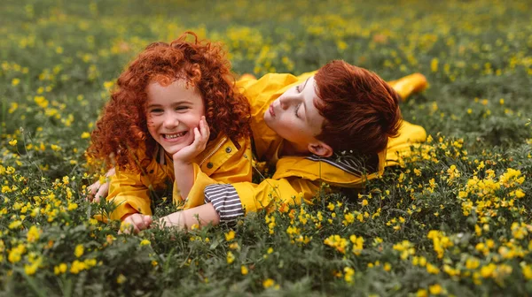 Rödhåriga syskon i gula regnrockar på ängen — Stockfoto