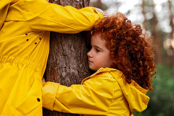 Crianças abraçando árvore na floresta — Fotografia de Stock