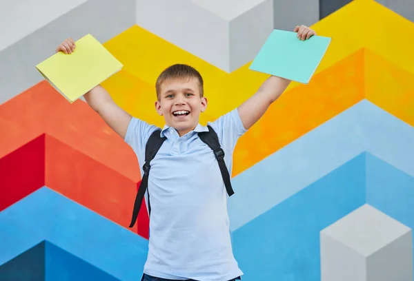 Spannende schooljongen met copybooks tegen kleurrijke muur — Stockfoto