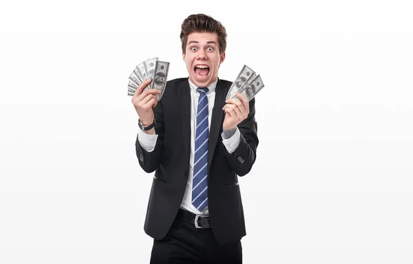 Ενθουσιασμένος νεαρός επιχειρηματίας με χρήματα — Φωτογραφία Αρχείου