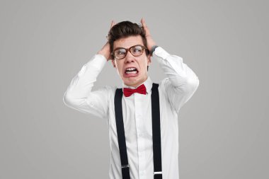 Stüdyodaki sinirli, komik inek.