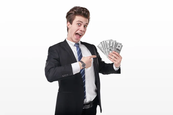 Χαρούμενος επιχειρηματίας που δείχνει χαρτονομίσματα — Φωτογραφία Αρχείου