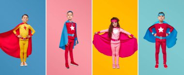 Children in colorful superhero costumes