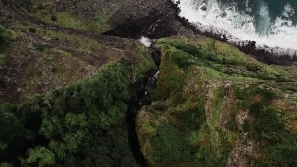 崖の上の滝は海の海岸線にカスケードダウン — ストック動画