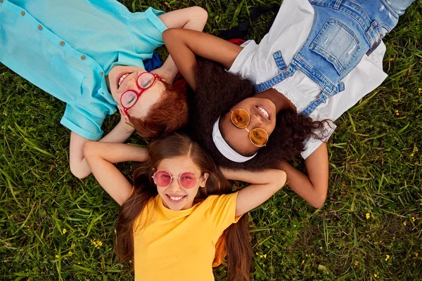 草の上に横たわる多様な十代の友人の会社 — ストック写真