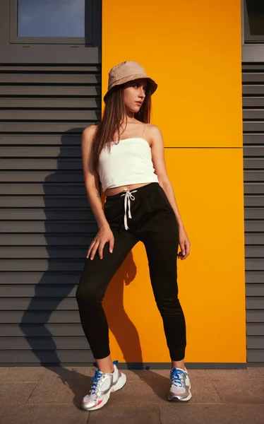 Young Slim Female Stylish Bucket Hat Crop Top Leaning Wall — Stock Photo, Image