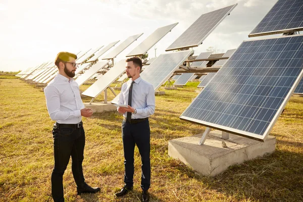 Resmi giyimde iş arkadaşları güneş enerjisi santrali projesini tartışıyor — Stok fotoğraf