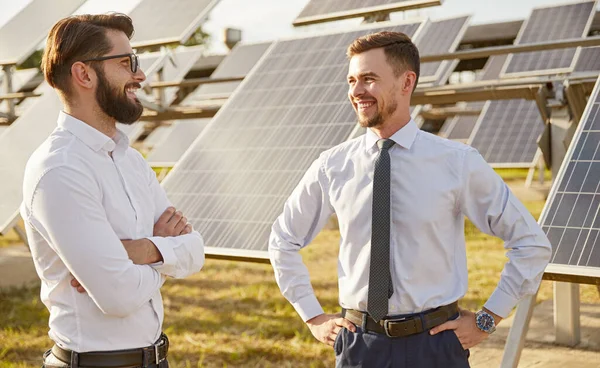 Rekan bisnis tersenyum membahas pekerjaan di pembangkit listrik tenaga surya Stok Gambar Bebas Royalti