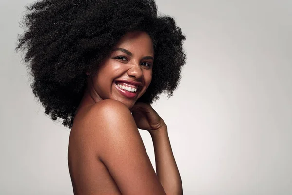 Side View Cheerful African American Woman Bare Shoulders Curly Hair — Stock Photo, Image