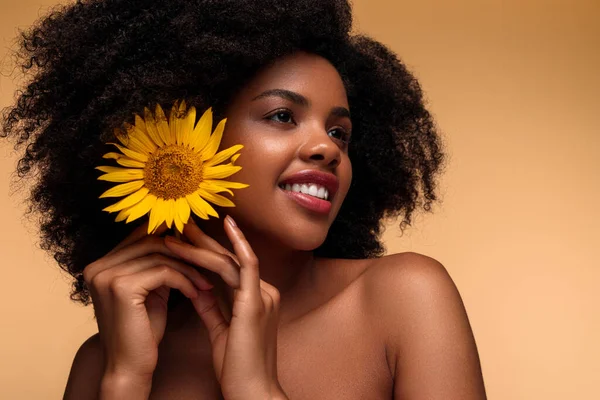 Potěšená Mladá Etnická Modelka Holými Rameny Čerstvými Slunečnicemi Tmavých Afrických — Stock fotografie