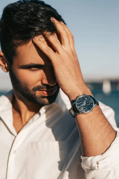 Handsome Ethnic Male White Shirt Wristwatch Touching Dark Hair Looking — Stock Photo, Image