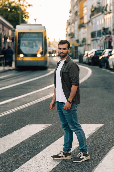 Full Body Young Middle Eastern Man Casual Clothes Walking Crosswalk Stock Picture