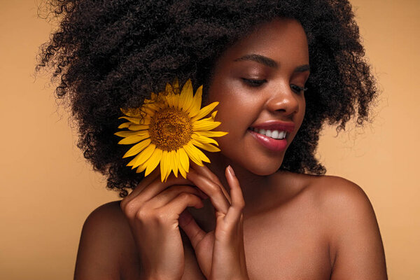 Glad African American Female Bare Shoulders Clean Skin Smiling Putting Stock Image