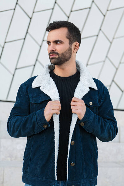 Confident Young Ethnic Guy Dark Hair Beard Trendy Jacket Looking Stock Image