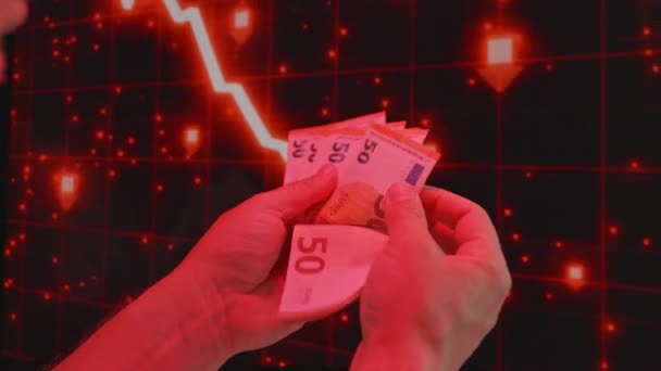 Manliga Händer Räkna Euro Bakgrund Animering Röd Nedåtgående Trend — Stockvideo