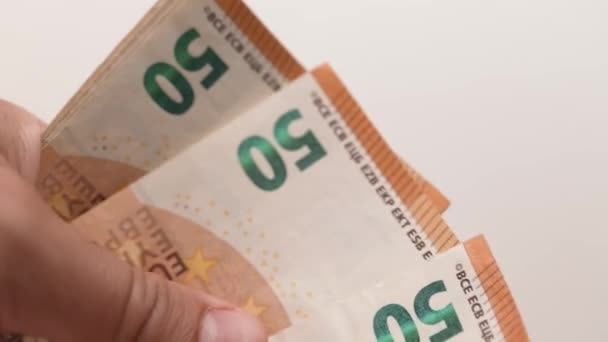 Close Mãos Masculinas Contando Uma Pilha Notas Euros Homem Contar — Vídeo de Stock