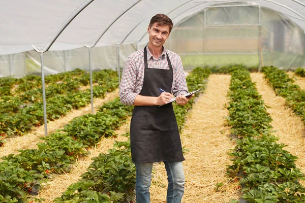 농장에서 온실에서 일하는 체크무늬 셔츠와 앞치마를 미소를 카메라를 기분좋은 성인이다 — 스톡 사진