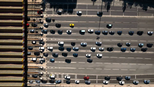 Aerial drone view of multiple cars congestion before toll collection point on the motorway.