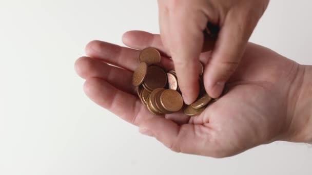 Poor Man Counting Coins Palm His Hand Unrecognizable Broken Person — Video Stock