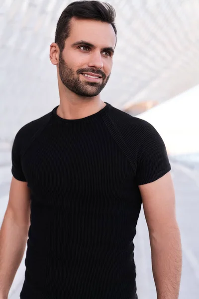 Cheerful Ethnic Male Black Shirt Smiling Looking Away While Standing — Foto de Stock