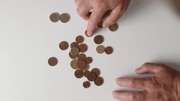 Old Mans Hands Counting Coins White Desk Elderly Poor Person — Wideo stockowe