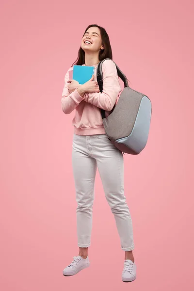 Full Body Teenager Backpack Embracing Notebook Closing Eyes While Wishing — Foto de Stock